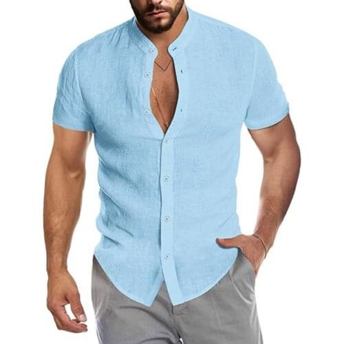 Short Sleeve Beach Shirt Stand Collar Breathable Solid Color V Neck Pockets Men Shirt Beach Tops for Summer Spring