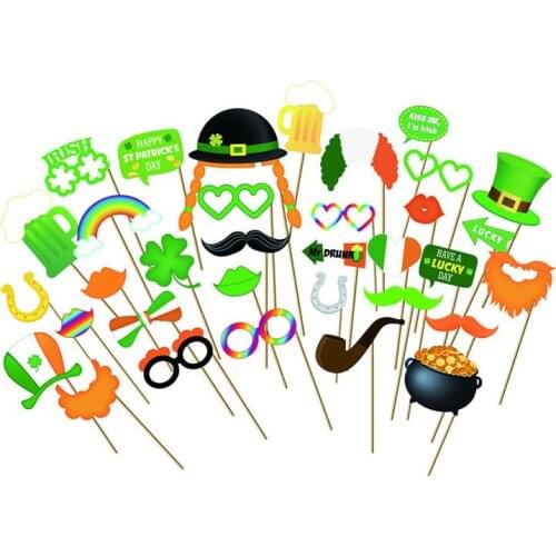 33pcs Green Lucky Day Clover Photo Props Rainbow Green Beard Love Glasses Pipe Cowboy Cardboard Easter Party Photo Supplies zx07