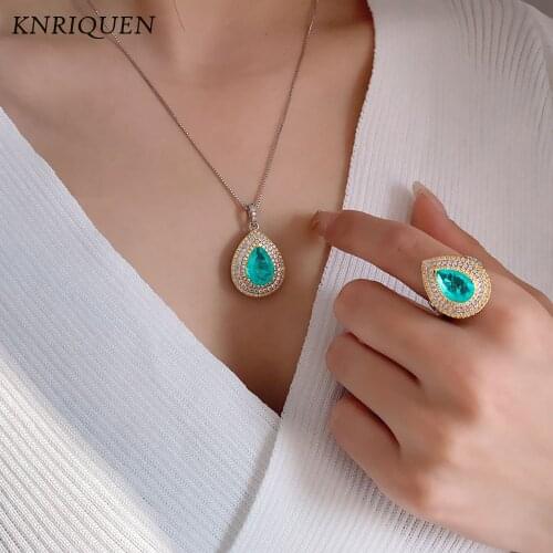 Retro Paraiba Emerald Quartz Gemstone Ring Pendant Necklace for Women 925 Sterling Silver Cocktail Party Luxury Jewelry Set Gift