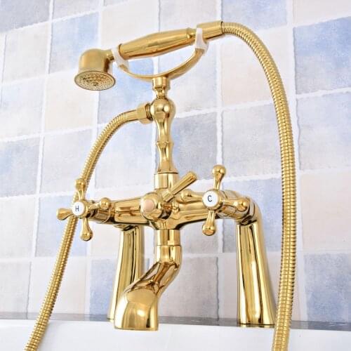 Luxury Gold Color Brass Deck Mounted Bathroom Tub Faucet Dual Handles Telephone Style Hand Shower Clawfoot Tub Filler atf787