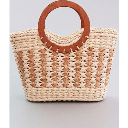 Handmade Women Handbags Designer Round Wood Handle Tote Woven Summer Beach Bag Female Bohemian Straw Bag Knitted Shopping Basket