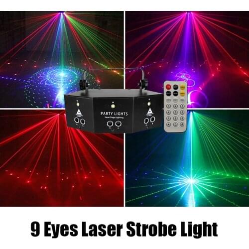 9 Eyes RGB Dj Led Disco Laser Strobe Light DMX512 Remote Control R/G Lazer Fog Machine Stage Lighting Wedding Night KTV Club