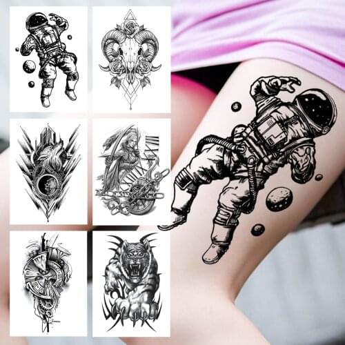Astronaut Space Temporary Tattoos For Women Men Adult Tribal Sheep Monster Tattoo Sticker Fake Black Warrior Compass Tatoo Thigh