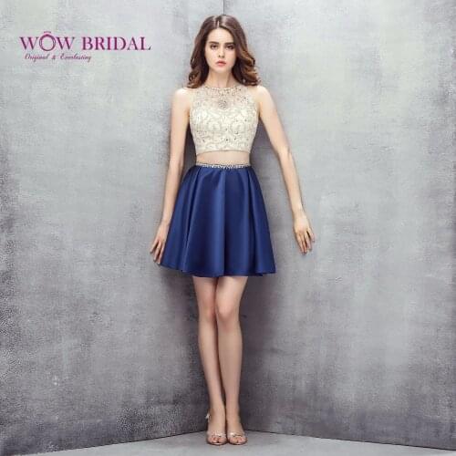 Wowbridal Blue and White Short Homecoming Dresses 2021 New Junior High 8th Grade Graduation Dresses Two Pieces Short Dress