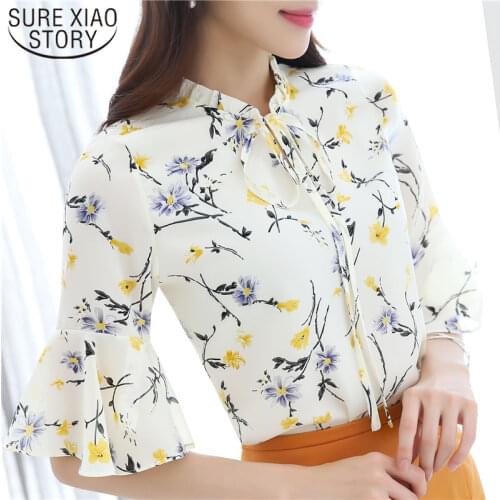 Chiffon Print Floral Plus Size Women Fashion Womens Top and Blouses Blusas Mujer De Moda 2018 Short Sleeve Blouse Shirt 1724 50