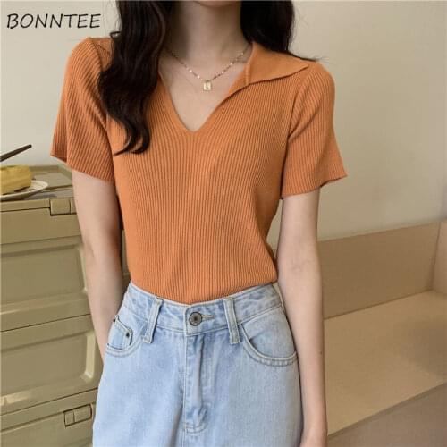 Knitted T-shirts Women Solid Summer All-match Fashion Slim Sexy V-neck Leisure Korean Style Temperament Sweet Female Crop Tops