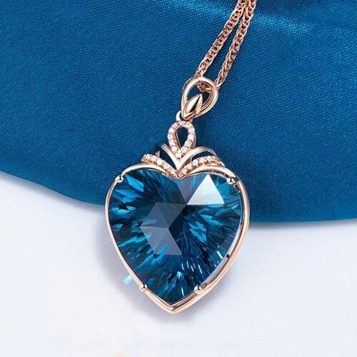 Love Heart Big 7 Carats Blue Crystal Topaz Zircon Diamonds Gemstones Pendant Necklaces for Women Rose Gold Color Jewelry Gifts