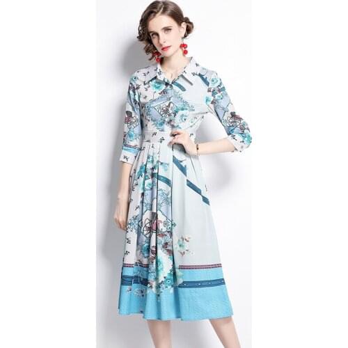 Elegant Spring 3/4 Sleeve Shirt Collar Floral Midi Dress Runway Designer Woman Robe Fashion Holiday Casual Vestido k6509