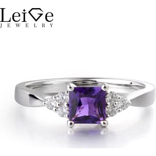 Leige Jewelry Natural Amethyst Fine Jewelry 925 Sterling Silver February Birthstone Princess Cut Engagement Rings
