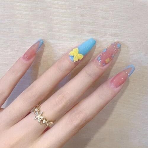 24pcs Bow Flower Printed Nail Patch Glue Type Removable Long Paragraph Fashion Manicure Save Time False Nail Patch DL