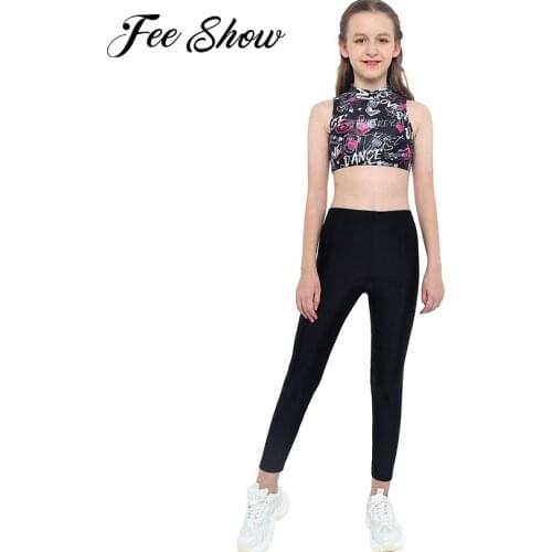 2Pcs Kids Girls Gym Fitness Sport Suit Ballet Dance Outfit Costume Set Sleeveless Press Button Closure Crop Top High Waist Pants