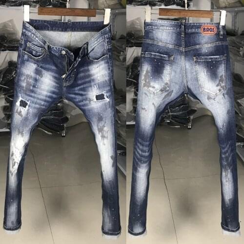 Italian Style Fashion Men Jeans Retro Blue Dirty Wash Painted Ripped Jeans Men High Quality Streetwear Hip Hop Denim Punk Pants