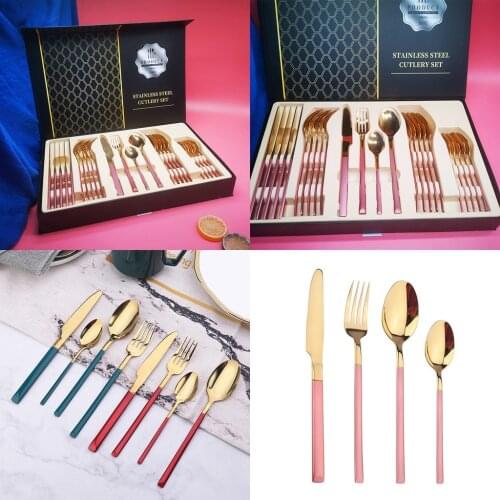 Hot-selling 24pcs Gift Box pink gold High Quality Stainless Steel Table Knife Fork Spoon Coffee Spoon Cutlery tableware