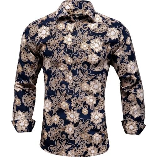 Hi-Tie Black Gold Print Floral Paisley Mens Silk Shirt Long Sleeve Casual Shirts For Men Jacquard Male Business Party Wedding