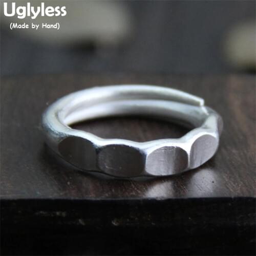 Uglyless Real S999 Silver Design Simple Women Irregular Finger Rings Personalized Uneven Surface Opening Ring Adjustable Bijoux