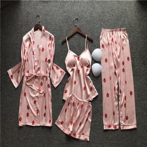 Spring/Summer Cute Strawberry Pajamas Sexy Silk Sleepwear Korean Version Casual Homewear Bathrobe Lounge Negligee Lingerie 4PCS
