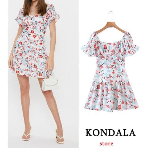 KONDALA Za Fashion 2021 Women Bright Color Dress Spring New Short Sleeve Square Collar Lace Up Mini Dress Streetwear Vestidos