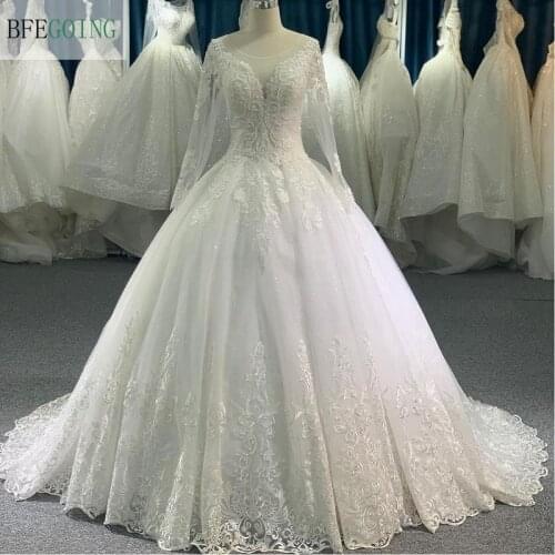 Ivory Lace Beading Tulle Long Sleeves Floor-Length Princess A-Line Wedding Dresses Chapel Train Bridal Gowns Custom Made