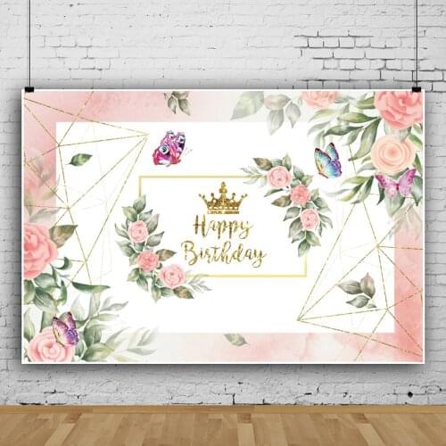 Laeacco Happy Birthday Photo Backdrops Beautiful Flowers Butterfly Personalized Poster Baby Portrait Photographic Backgrounds
