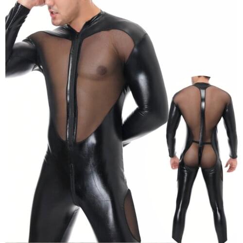Mens Underwear Jumpsuits Patent Leather Mesh Stitching One-piece Bodysuit Nightclub Stage Dancewear Rompers Wrestling Singlet