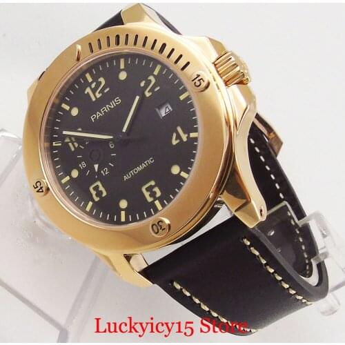 PARNIS Brand Rose Gold 43mm Self Winding Men Wristwatch Sapphire Glass Round Date Window Automatic Movement Leather Strap