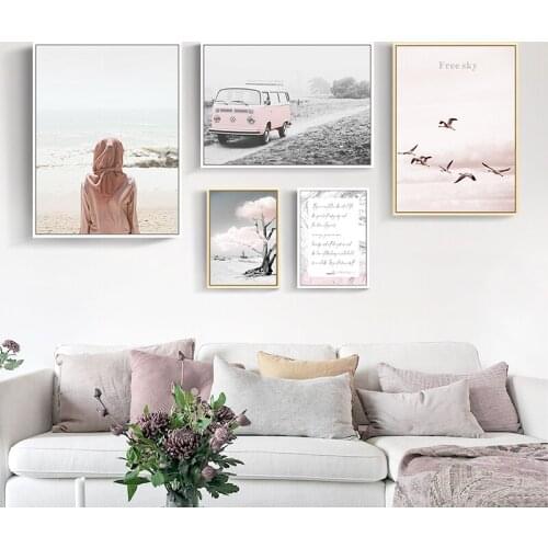 Nordic Pink sea car Wall Art Canvas Poster and Print posters Figuars landscape picture for Living Room No Frame morden print