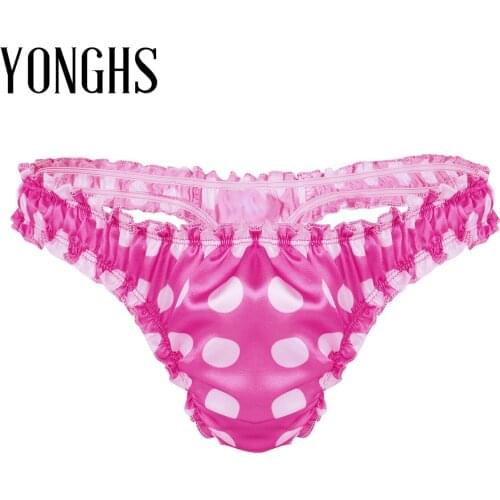 Mens Lingerie Thong Sissy Underwear Soft Satin Polka Dot Ruffled High Cut Low Rise Bikini Sissy Briefs Thong Underwear Panties