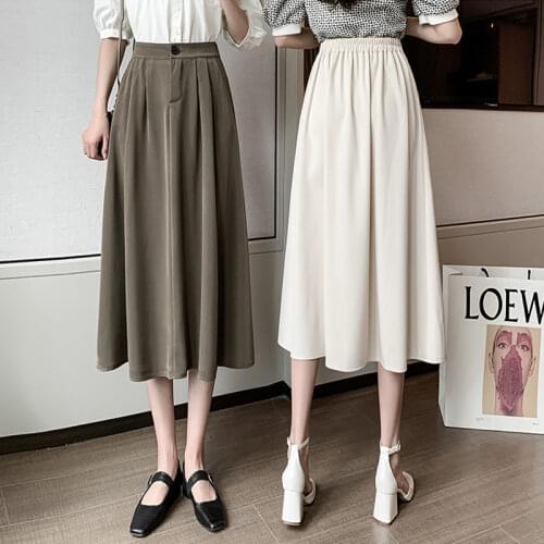 Solid Female Vintage Pleated Long Skirt Women Autumn Elastic High Waist Aline Loose Skirts with Pockets Elegant faldas aesthetic