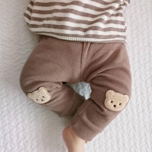 2021 Autumn New Baby Pants Waffle Girls Harem Pants Boys Bear Trousers Toddler Clothing