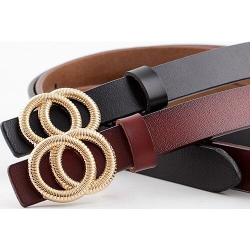 2020 NEW Woman Double Ring Buckle Cowhide leather belt for Jeans Vintage fashion Casual All-Match waistband