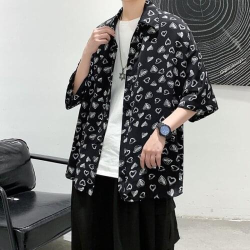 Short-sleeved Shirt Mens Summer Full-printed Love Beach Coat Student Casual All-match Loose Trend Tops Black And White Shirts
