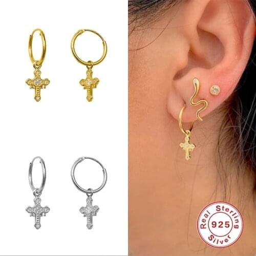 GS 925 Sterling Silver New Fashion Cute Cross Pendant Hoop Earrings Top Quality Cz Crystal Earrings For Women Wedding Jewelry