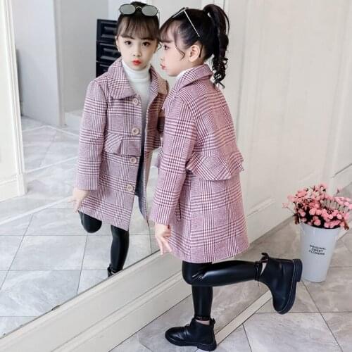 2020 New Autumn Winter Kids Girl Cotton Long Jackets Children Lapel Plaid Wool Coat Teenage Girls Casual Warm Woolen Outwear