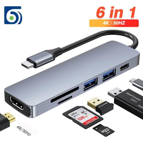 Byscoon Usb C Hub 6 In 1 4K HDMI-Compatible Adapter Usb Type C Hub TF SD Reader PD 3.0 for Laptops MacBook Pro/Air/Huawei Mate