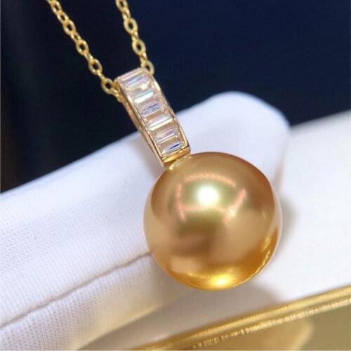 D902 Pearl Pendant Fine Jewelry Solid 18K Gold Round 12-13mm Nature Sea Water Golden Pearls Pendants Necklaces for Women Present