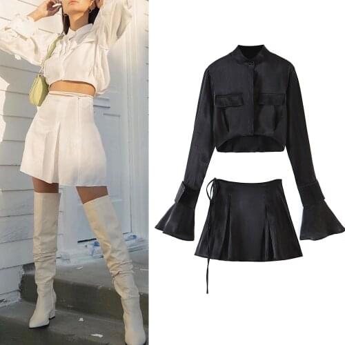 Women Suits 2021 Fashion Za Shirt and Skirt Cotton Pockets Long Flare Sleeve Sexy Short Shirts Bow Tie Mini Skirts 2 pieces Suit
