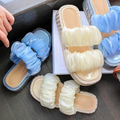 Womens Sandals 2021 Summer New Style Fairy Wind Net Gauze Square Head Sponge Cake Thick Bottom Outer Wear Slipper