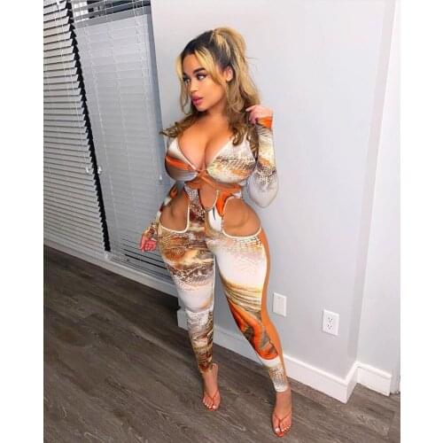 2021 High Quality New Design Jumpsuits Print Hollow Out V-neck Long Sleeve Autumn Sexy Club Bodycon Rompers