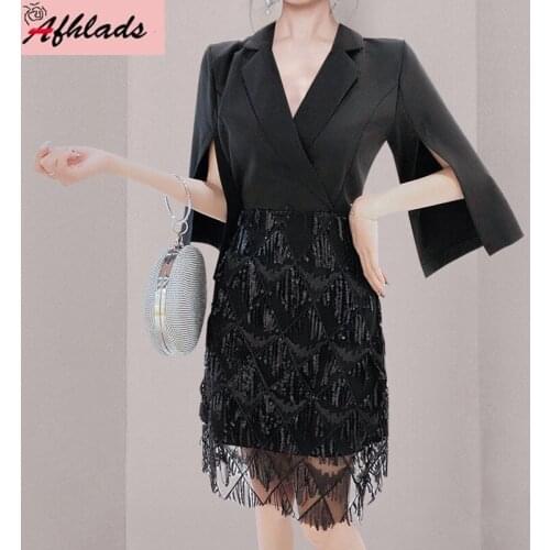 Black Office Lady Women Dress New Summer Female V-Neck Fake Two Pieces Fashion Elegant Thin Beading High Waist Mini Vestidos