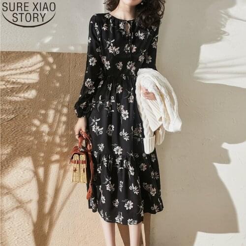 2021 Spring Black Vintage Dress Women Floral Party Dress New Elegant Slim Fit Midi Long Dresses Bottoming Dress Vestidos 13496