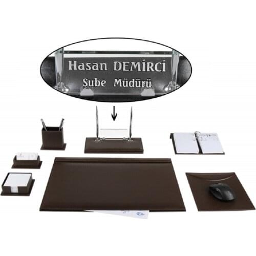 Ceyhan Office Business Brown Leather Desk Set Desk Pad Set Crystal Table Nameplate Chief Organizer