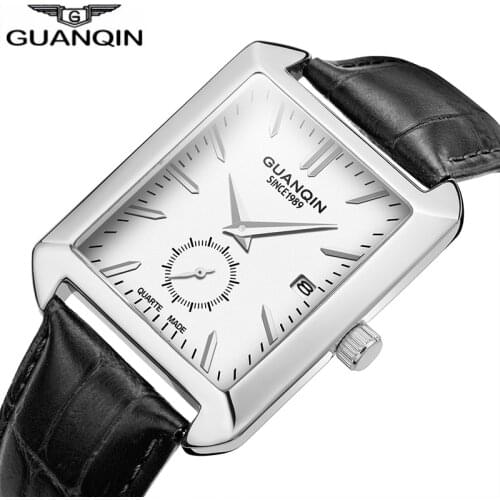 High quality Watch men GUANQIN 2018 Fashion Rectangle Quartz Watch with Calendar Small second dial Leather band Montre homme