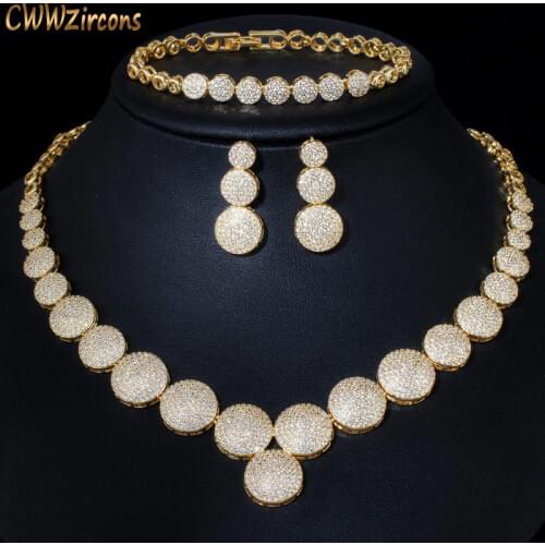 CWWZircons 3Pcs High Quality Cubic Zircon Dubai Gold Necklace Jewelry Set for Women Wedding Evening Party Dress Accessories T349