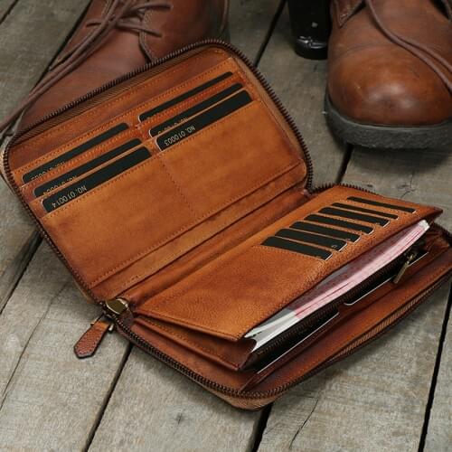 Mens Long Zipper Wallet Handmade Vegetable Tanned Leather Wallet Young Large Capacity Card Package Purse 2021 Full Leather Men