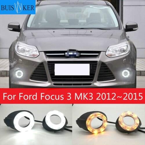For Ford Focus 3 MK3 2012~2015 Daytime Running Light for Focus DRL LED Fog Lamp Cover With Yellow Turning Signal Functions