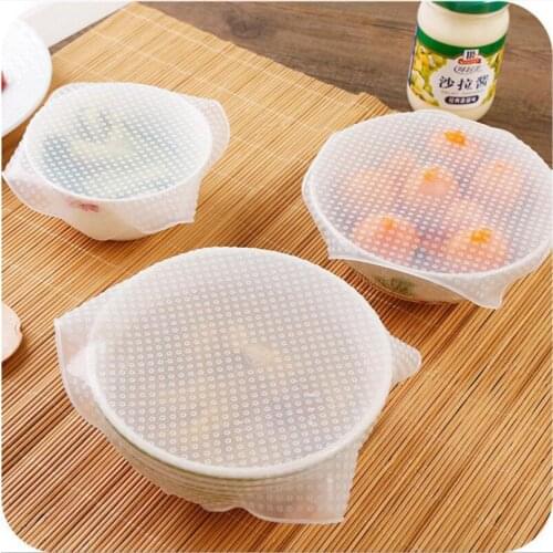 Fedex 200set 4pcs(3size)/set Multifunctional Silicone Food Wraps Seal Cover Stretch Food Fresh Keeping Saran Wrap Kitchen Tools