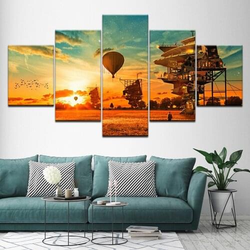 Canvas Painting Hot air balloon flying on the sky 5 Pieces Wall Art Painting Modular Wallpapers Poster Print Home Decor
