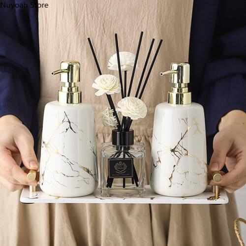 Golden Marble Ceramic Bathroom Decoration Accessories Soap Dispenser Tray Mouthwash Cup Light Luxury Bathroom Toiletries