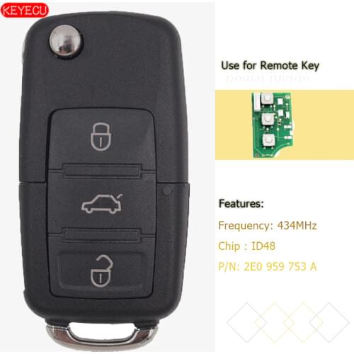 KEYECU Folding Remote Key Fob 3 button 434MHz ID48 chip for Volkswagen Crafter P/N: 2E0 959 753 A