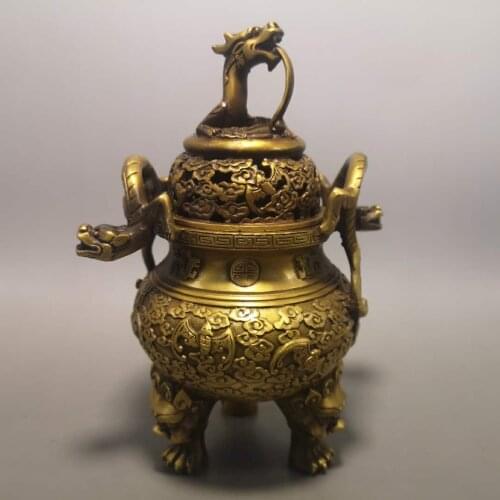 China brass double ear dragon Incense burner crafts statue